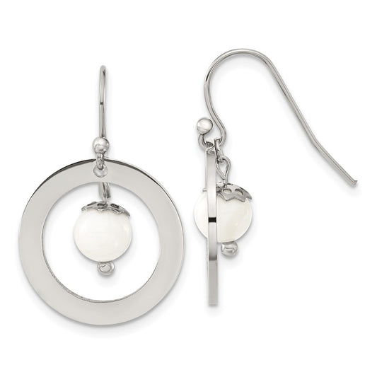 SRE1607 Chisel Stainless Steel Polished with Synthetic White Turquoise Dangle Shepherd Hook Earrings