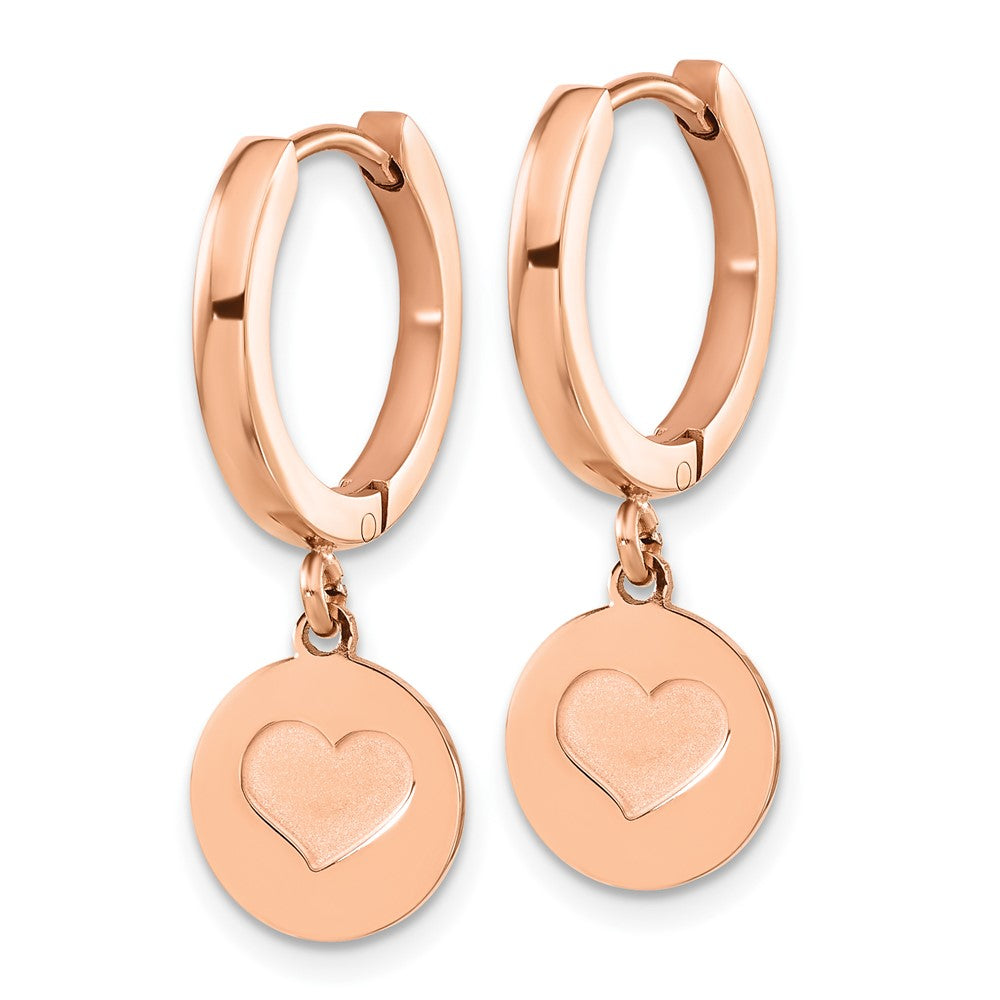 SRE1617 Chisel Stainless Steel Polished Rose IP-plated Heart Dangle Hoop Earrings