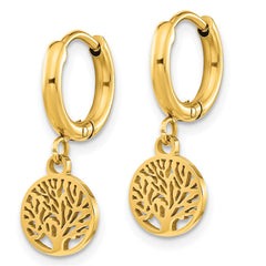 SRE1619 Chisel Stainless Steel Polished Yellow IP-plated Tree Dangle Hoop Earring