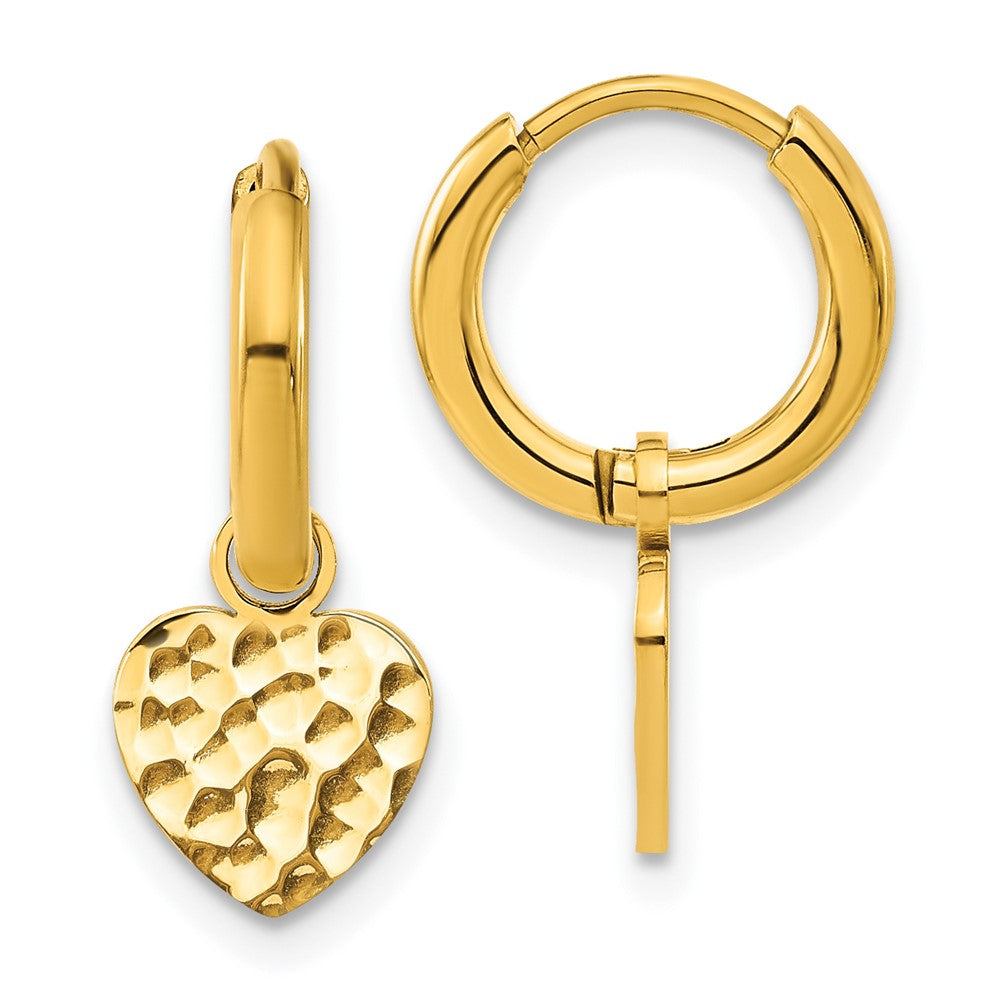SRE1620 Chisel Stainless Steel Polished Hammered Yellow IP-plated Heart Dangle Hoop Earrings