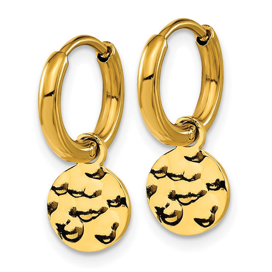 SRE1621 Chisel Stainless Steel Polished Hammered Yellow IP-plated Circle Dangle Hoop Earrings