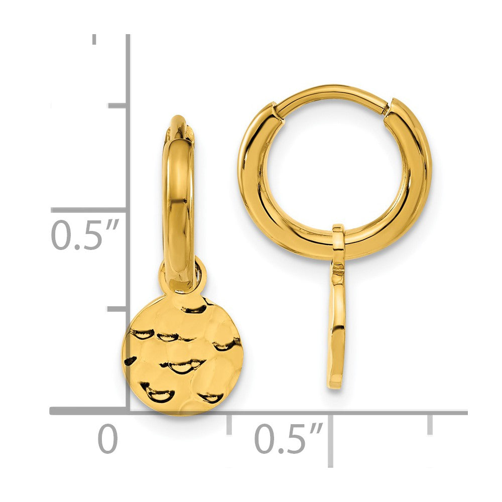 SRE1621 Chisel Stainless Steel Polished Hammered Yellow IP-plated Circle Dangle Hoop Earrings
