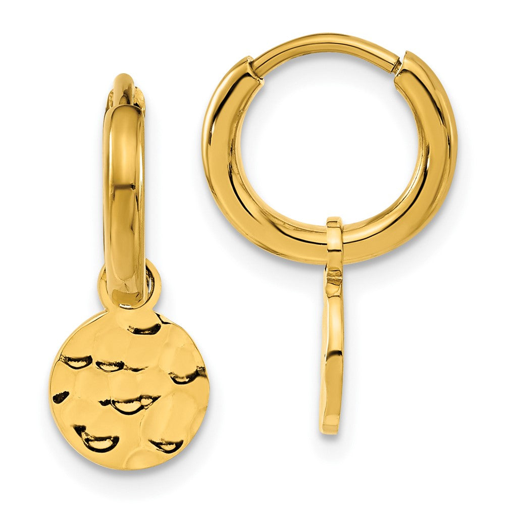 SRE1621 Chisel Stainless Steel Polished Hammered Yellow IP-plated Circle Dangle Hoop Earrings