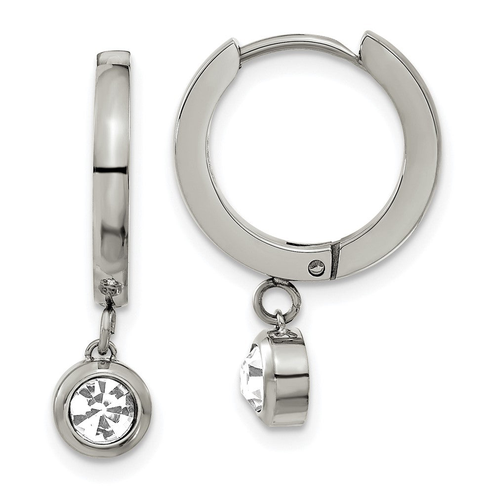 SRE1624 Chisel Stainless Steel Polished with CZ Dangle Hoop Earrings