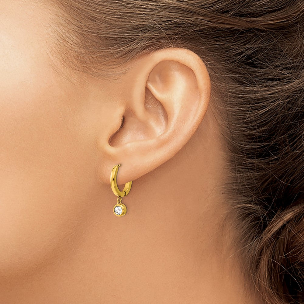 SRE1624Y Chisel Stainless Steel Polished Yellow IP-plated CZ Dangle Hoop Earrings
