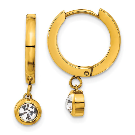 SRE1624Y Chisel Stainless Steel Polished Yellow IP-plated CZ Dangle Hoop Earrings