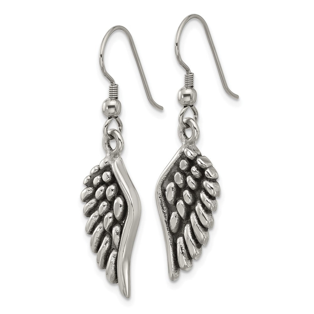 SRE1640 Chisel Stainless Steel Antiqued and Polished Angel Wing Shepherd Hook Earrings