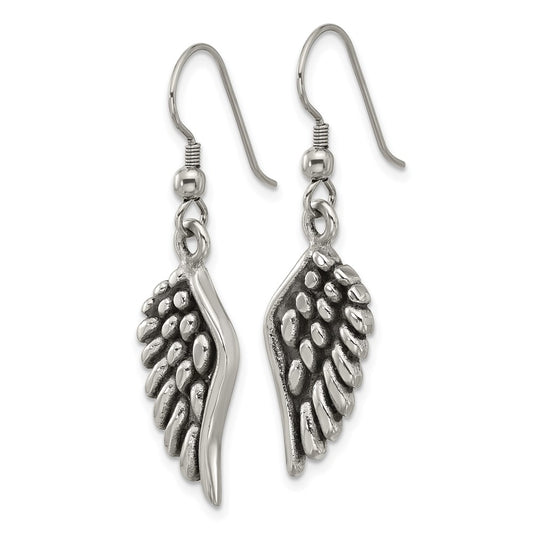 SRE1640 Chisel Stainless Steel Antiqued and Polished Angel Wing Shepherd Hook Earrings