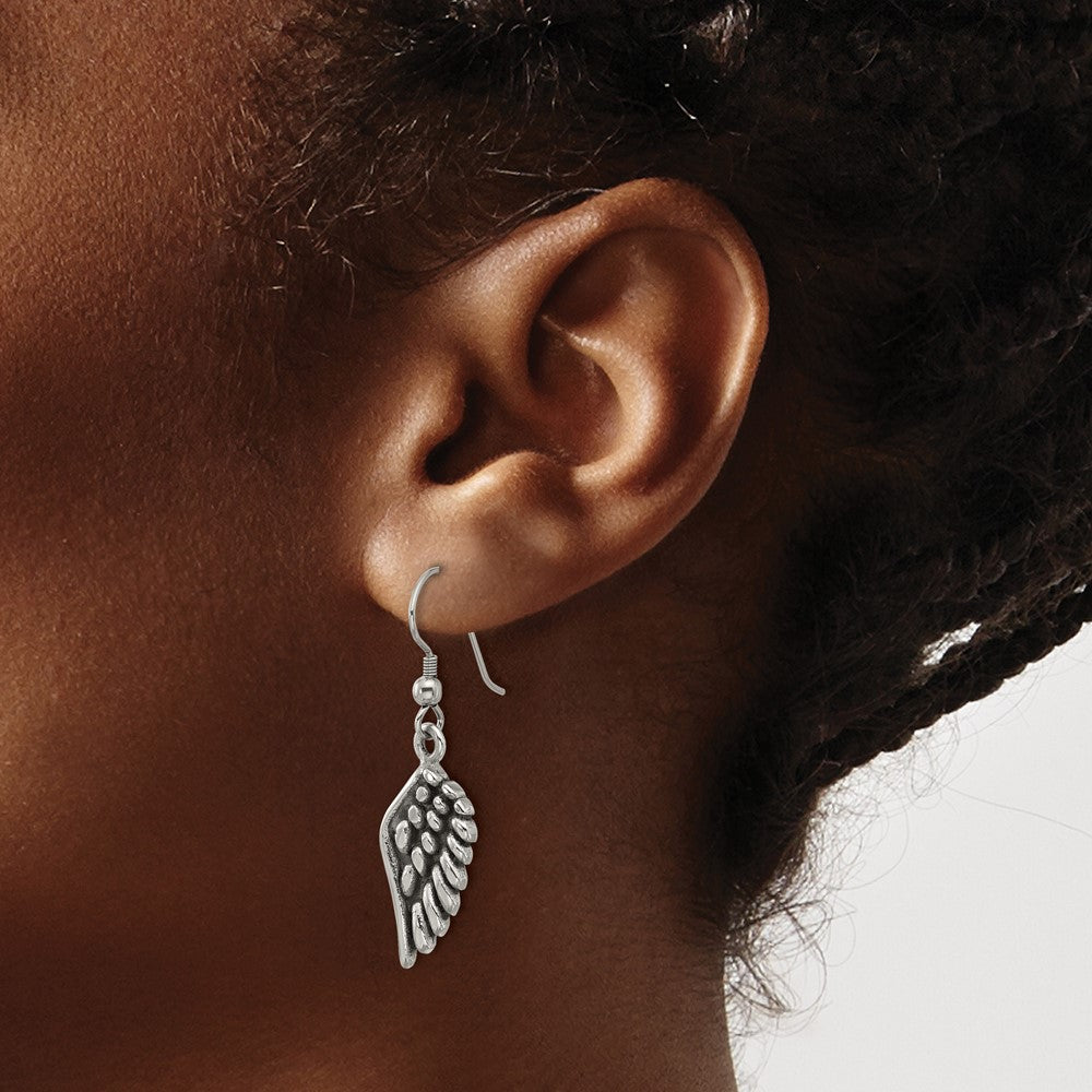 SRE1640 Chisel Stainless Steel Antiqued and Polished Angel Wing Shepherd Hook Earrings