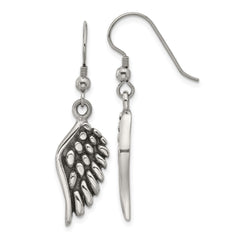 SRE1640 Chisel Stainless Steel Antiqued and Polished Angel Wing Shepherd Hook Earrings