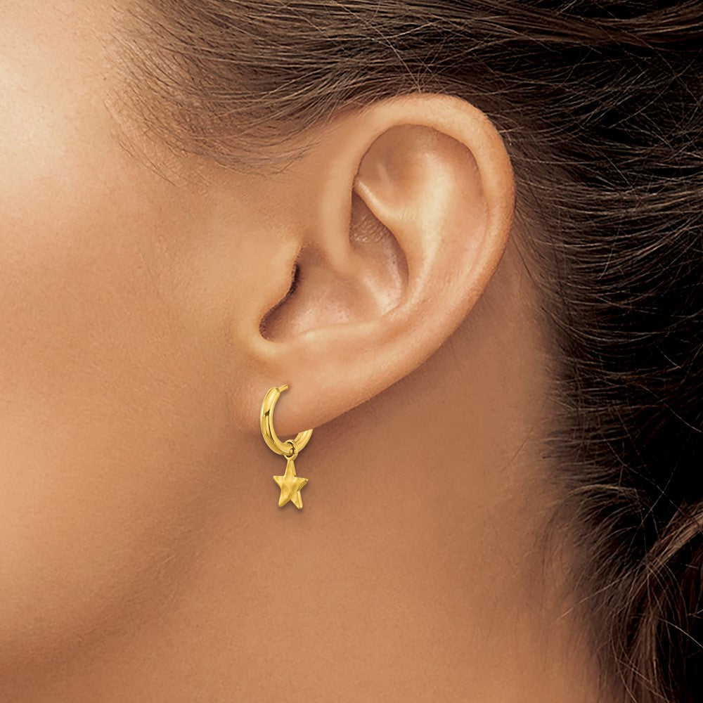 SRE1647 Chisel Stainless Steel Polished Yellow IP-plated Removeable Star Dangle Hinged Hoop Earrings