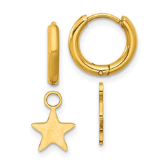 SRE1647 Chisel Stainless Steel Polished Yellow IP-plated Removeable Star Dangle Hinged Hoop Earrings