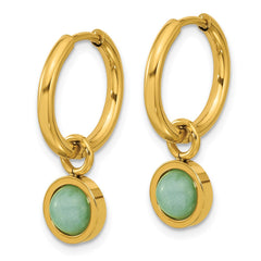 SRE1655 Chisel Stainless Steel Polished Yellow IP-plated with Removeable Green Jade Dangle Hinged Hoop Earrings