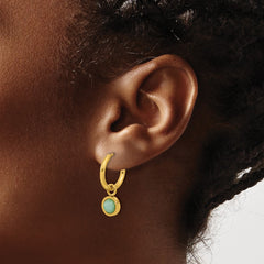 SRE1655 Chisel Stainless Steel Polished Yellow IP-plated with Removeable Green Jade Dangle Hinged Hoop Earrings