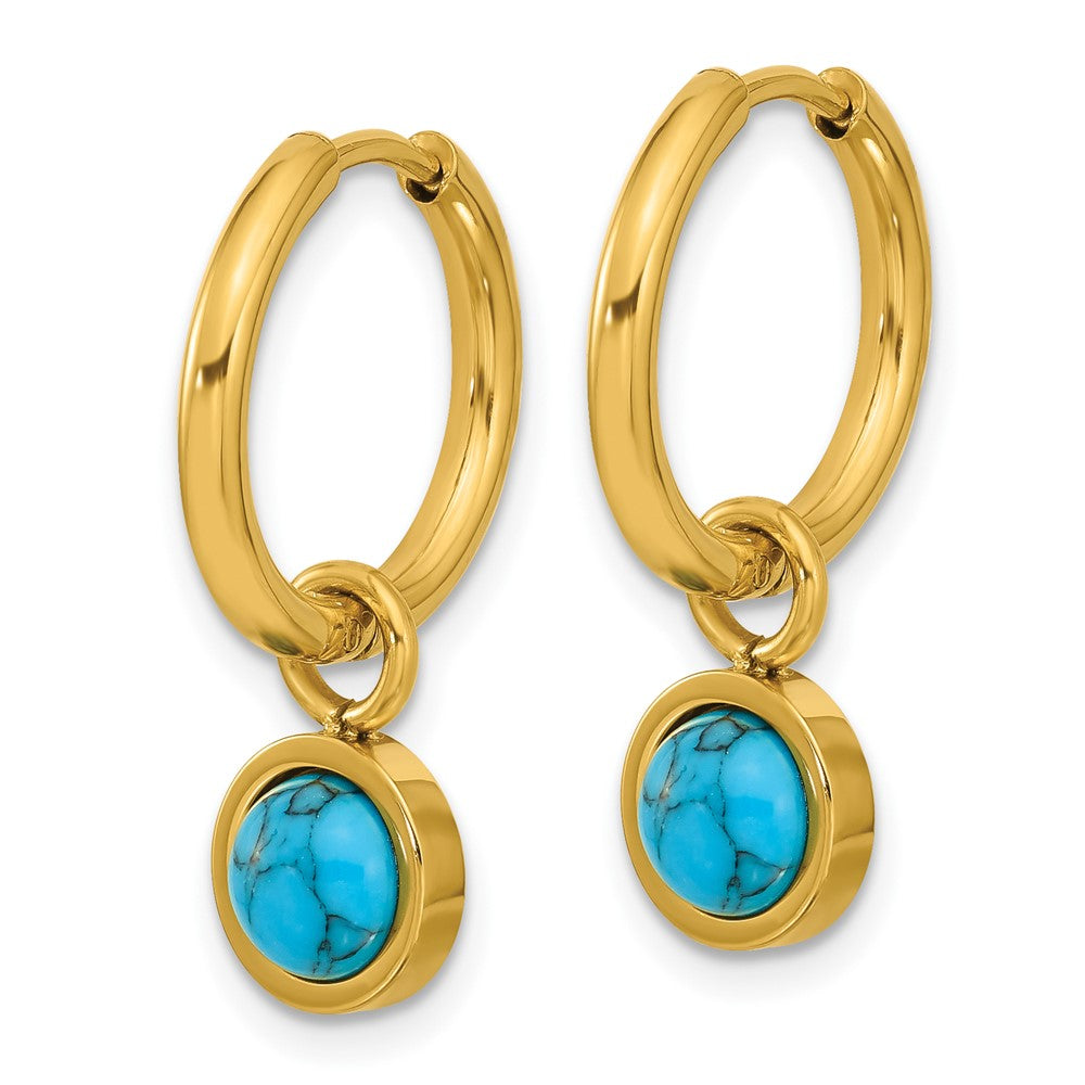 SRE1656 Chisel Stainless Steel Polished Yellow IP-plated with Removeable Synthetic Turquoise Dangle Hinged Hoop Earrings