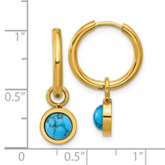 SRE1656 Chisel Stainless Steel Polished Yellow IP-plated with Removeable Synthetic Turquoise Dangle Hinged Hoop Earrings