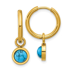SRE1656 Chisel Stainless Steel Polished Yellow IP-plated with Removeable Synthetic Turquoise Dangle Hinged Hoop Earrings