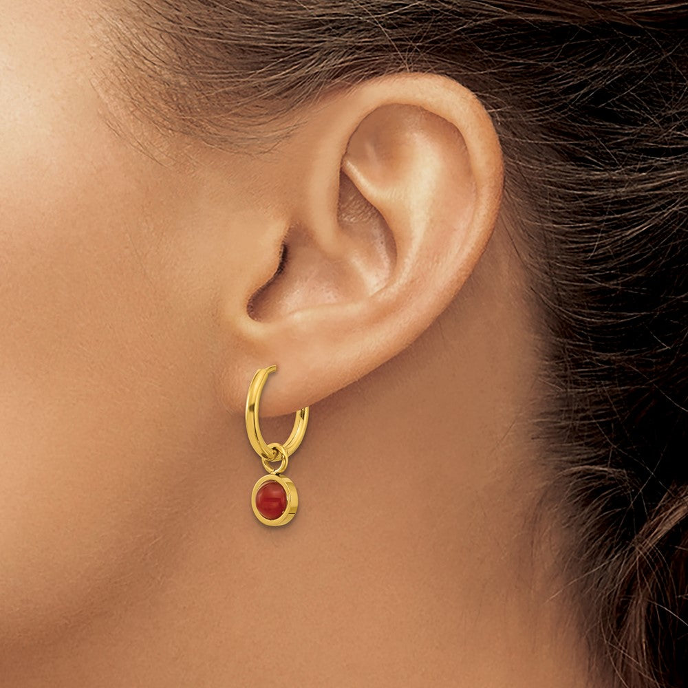 SRE1657 Chisel Stainless Steel Polished Yellow IP-plated with Removeable Red Jade Dangle Hinged Hoop Earrings