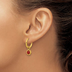 SRE1657 Chisel Stainless Steel Polished Yellow IP-plated with Removeable Red Jade Dangle Hinged Hoop Earrings