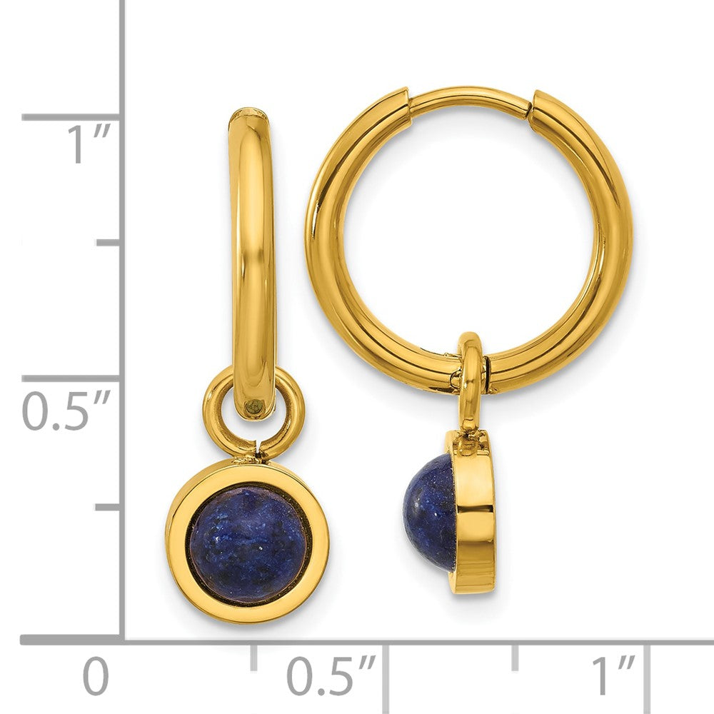 SRE1658 Chisel Stainless Steel Polished Yellow IP-plated with Removeable Blue Sodalite Dangle Hinged Hoop Earrings