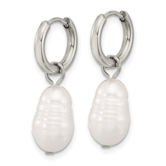 SRE1662 Chisel Stainless Steel Polished White Baroque Freshwater Cultured Pearl Dangle Hinged Hoop Earrings