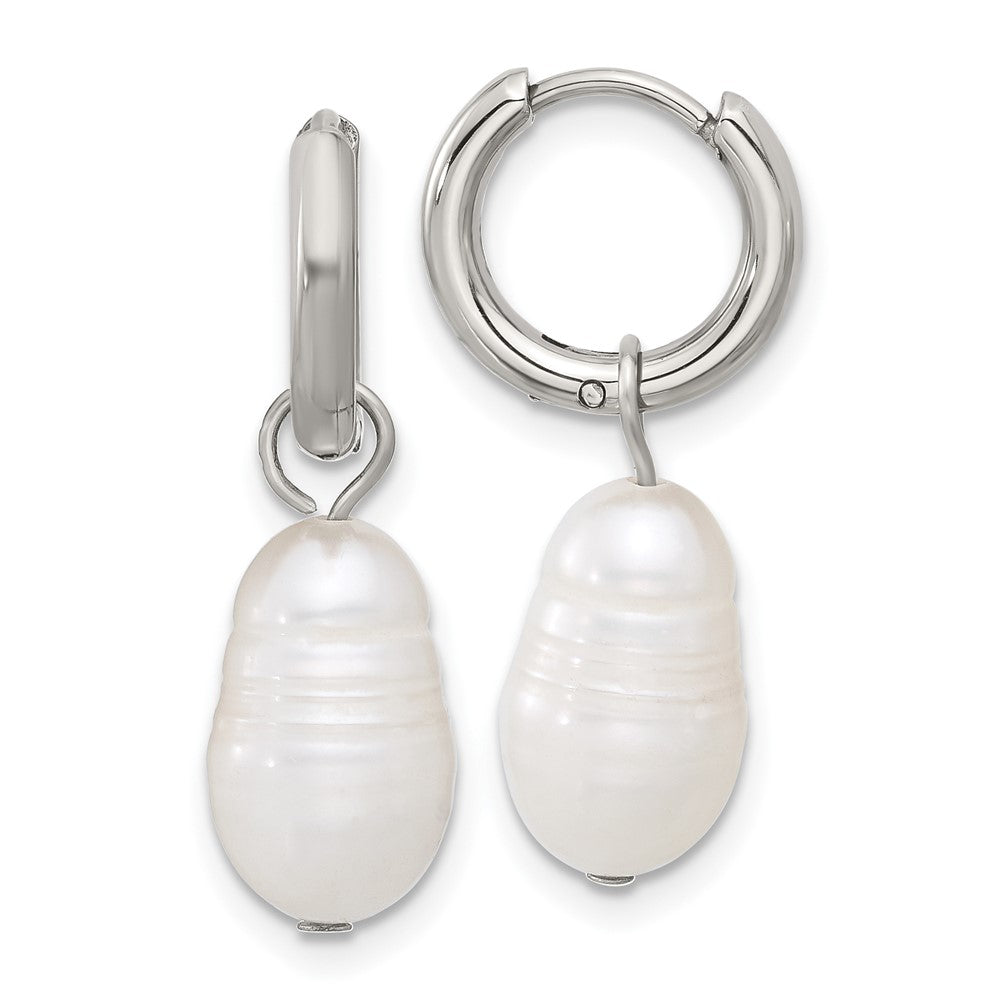 SRE1662 Chisel Stainless Steel Polished White Baroque Freshwater Cultured Pearl Dangle Hinged Hoop Earrings