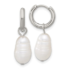 SRE1662 Chisel Stainless Steel Polished White Baroque Freshwater Cultured Pearl Dangle Hinged Hoop Earrings