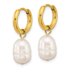 SRE1663 Chisel Stainless Steel Polished Yellow IP-plated White Baroque Freshwater Cultured Pearl Dangle Hinged Hoop Earrings