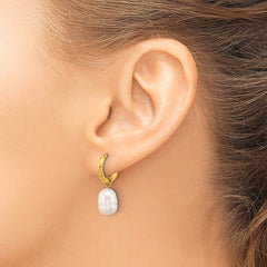 SRE1663 Chisel Stainless Steel Polished Yellow IP-plated White Baroque Freshwater Cultured Pearl Dangle Hinged Hoop Earrings