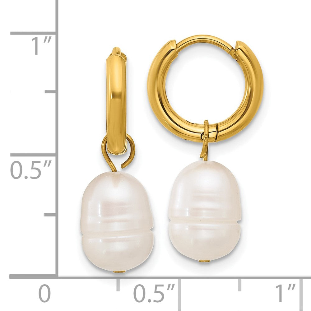 SRE1663 Chisel Stainless Steel Polished Yellow IP-plated White Baroque Freshwater Cultured Pearl Dangle Hinged Hoop Earrings