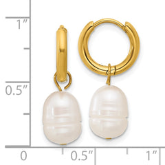 SRE1663 Chisel Stainless Steel Polished Yellow IP-plated White Baroque Freshwater Cultured Pearl Dangle Hinged Hoop Earrings
