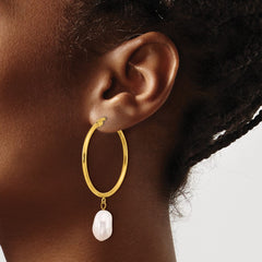 SRE1665 Chisel Stainless Steel Polished Yellow IP-plated White Baroque Freshwater Cultured Pearl Dangle Hoop Earrings
