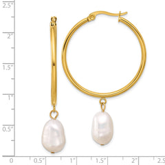 SRE1665 Chisel Stainless Steel Polished Yellow IP-plated White Baroque Freshwater Cultured Pearl Dangle Hoop Earrings