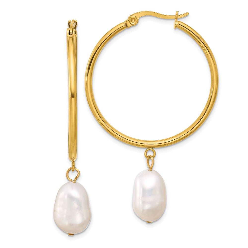 SRE1665 Chisel Stainless Steel Polished Yellow IP-plated White Baroque Freshwater Cultured Pearl Dangle Hoop Earrings