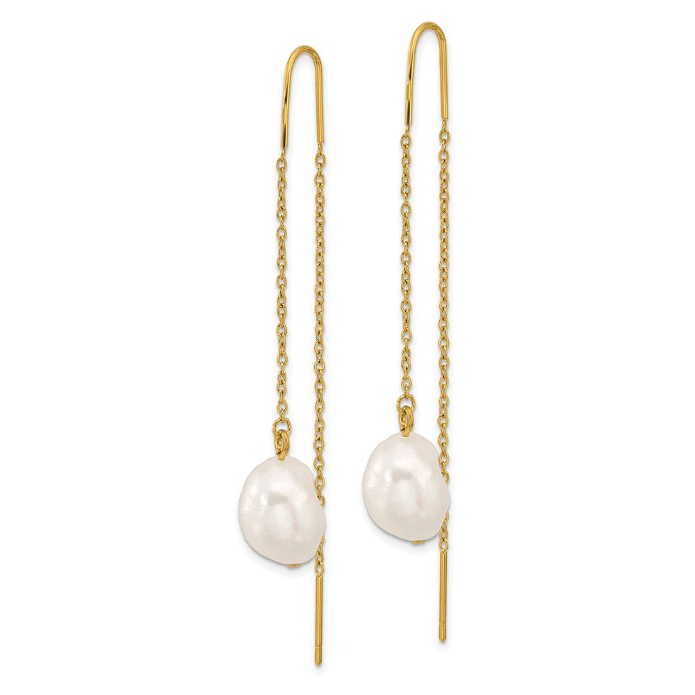 SRE1667 Chisel Stainless Steel Polished Yellow IP-plated White Freshwater Cultured Pearl Dangle Threader Earrings