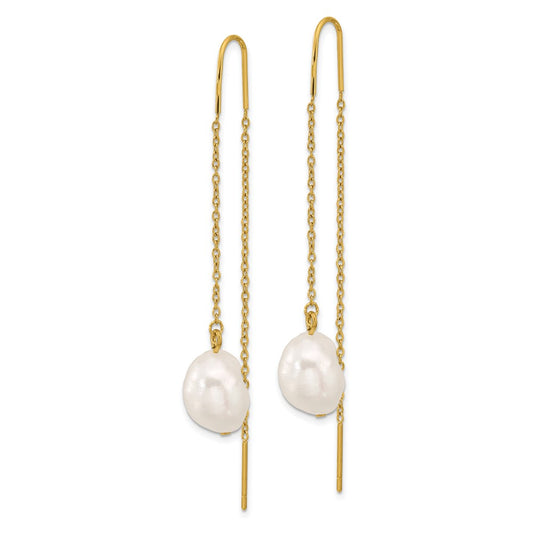 SRE1667 Chisel Stainless Steel Polished Yellow IP-plated White Freshwater Cultured Pearl Dangle Threader Earrings