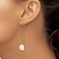 SRE1667 Chisel Stainless Steel Polished Yellow IP-plated White Freshwater Cultured Pearl Dangle Threader Earrings