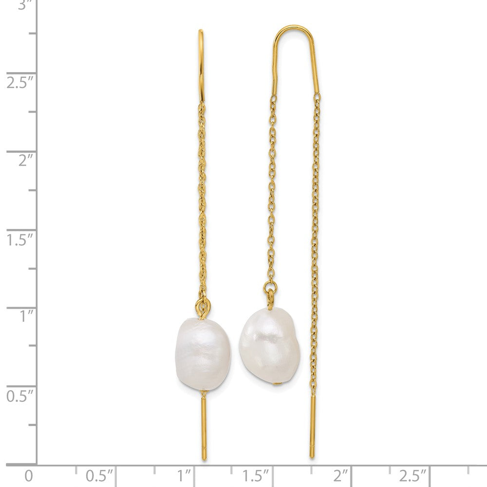 SRE1667 Chisel Stainless Steel Polished Yellow IP-plated White Freshwater Cultured Pearl Dangle Threader Earrings