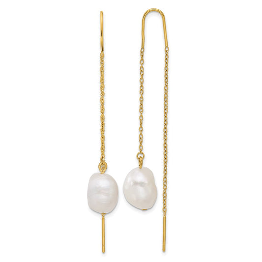 SRE1667 Chisel Stainless Steel Polished Yellow IP-plated White Freshwater Cultured Pearl Dangle Threader Earrings