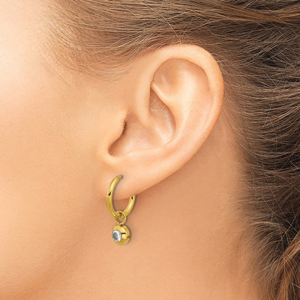 SRE1668 Chisel Stainless Steel Polished Yellow IP-plated with Removeable CZ Dangle Hinged Hoop Earrings