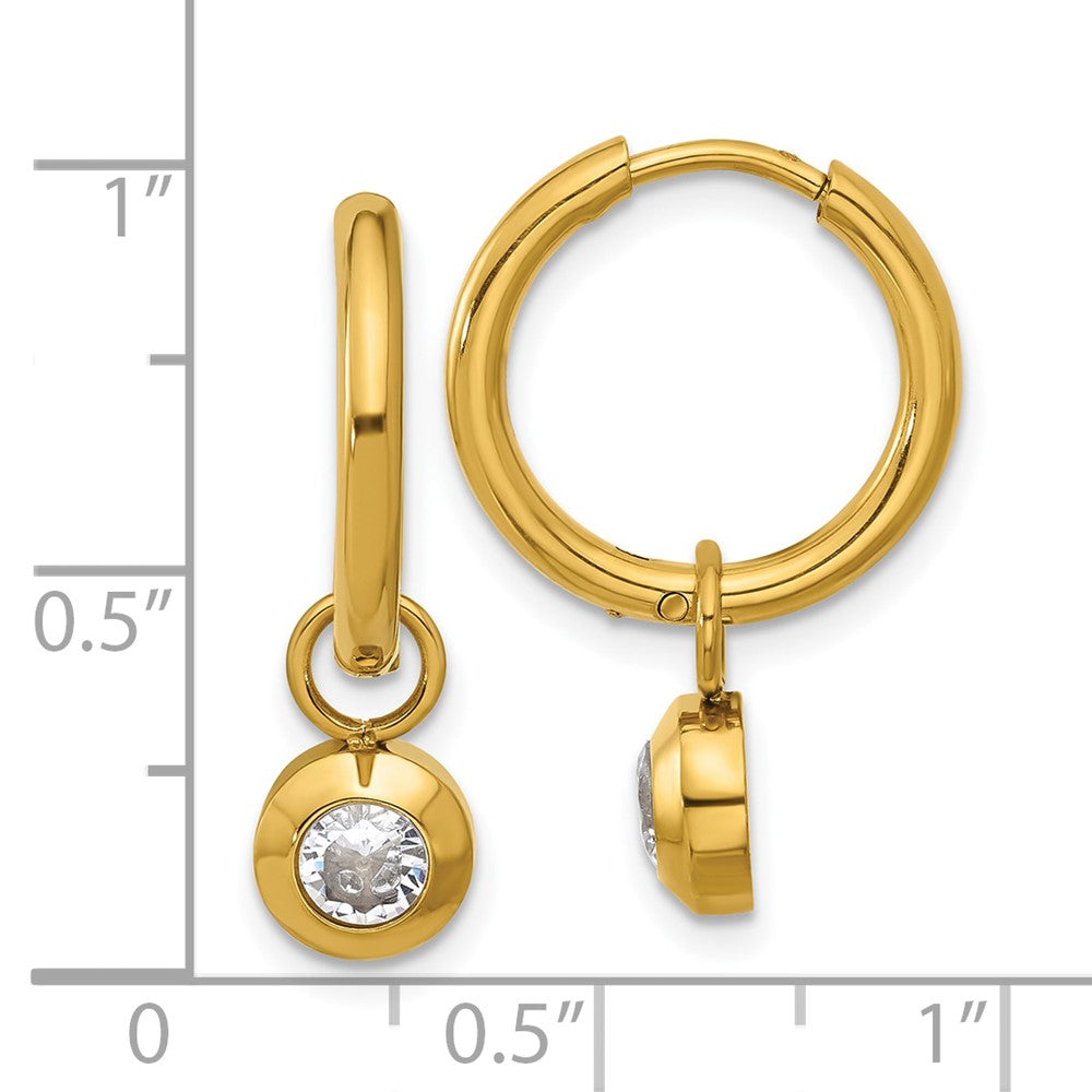 SRE1668 Chisel Stainless Steel Polished Yellow IP-plated with Removeable CZ Dangle Hinged Hoop Earrings