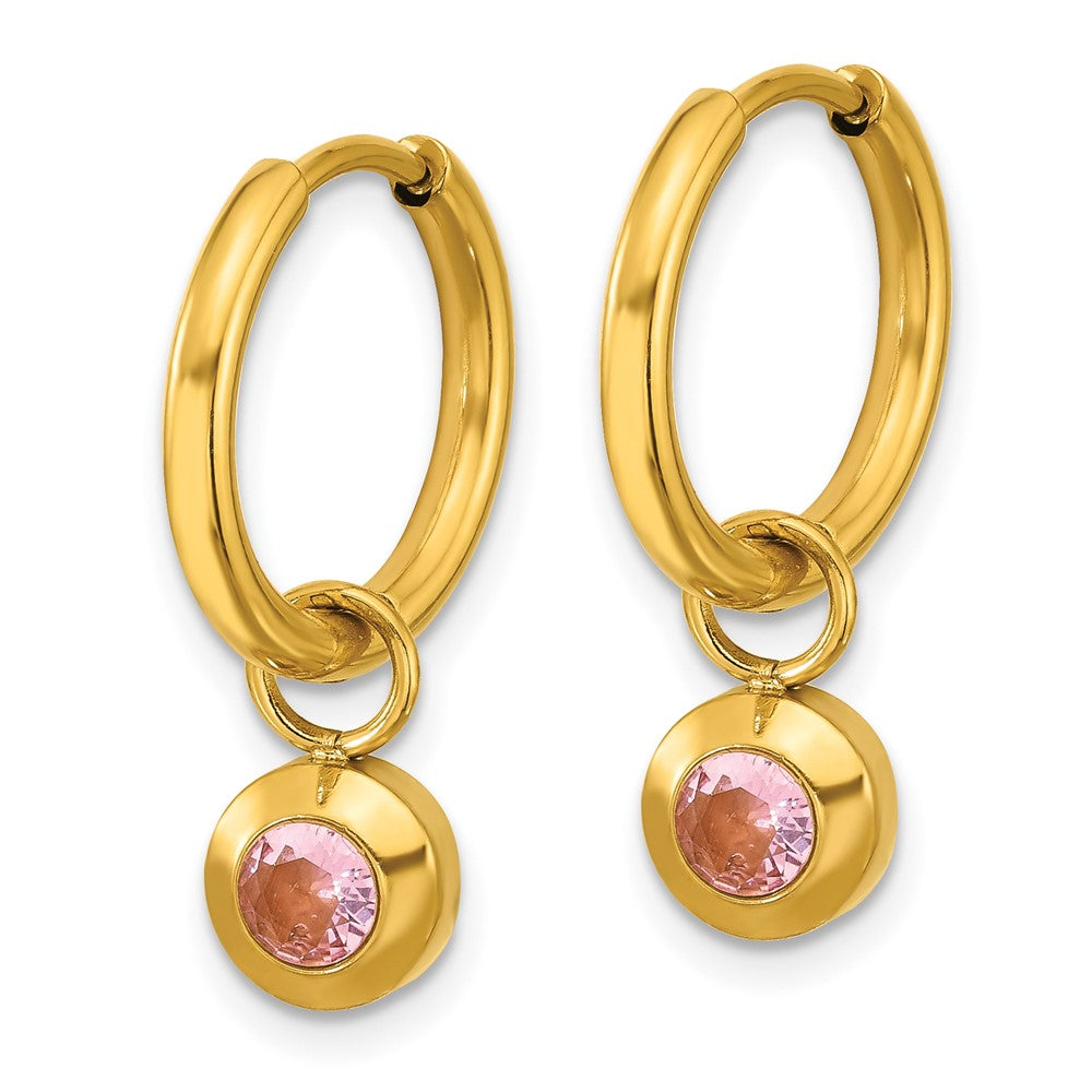 SRE1671 Chisel Stainless Steel Polished Yellow IP-plated with Removeable Pink CZ Dangle Hinged Hoop Earrings