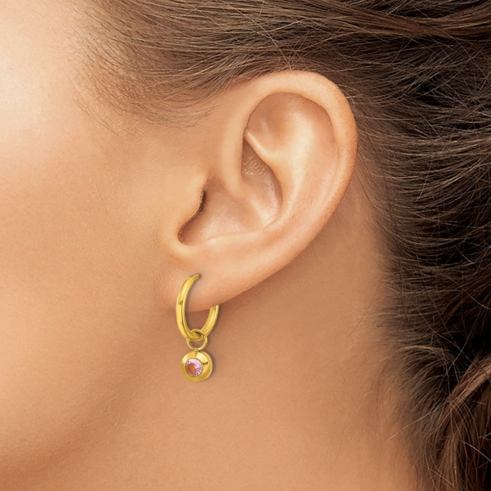 SRE1671 Chisel Stainless Steel Polished Yellow IP-plated with Removeable Pink CZ Dangle Hinged Hoop Earrings