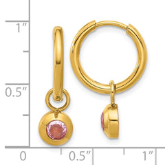SRE1671 Chisel Stainless Steel Polished Yellow IP-plated with Removeable Pink CZ Dangle Hinged Hoop Earrings
