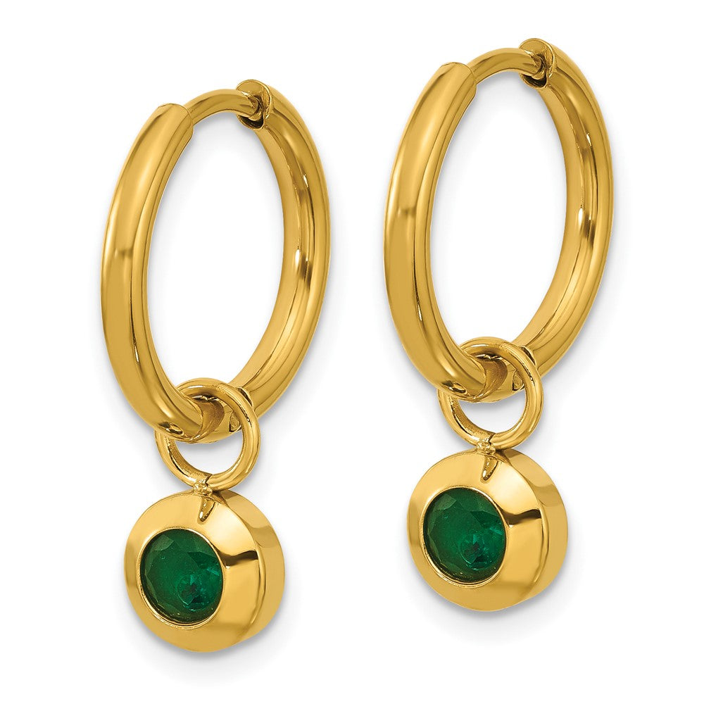 SRE1673 Chisel Stainless Steel Polished Yellow IP-plated with Removeable Green CZ Dangle Hinged Hoop Earrings