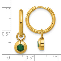 SRE1673 Chisel Stainless Steel Polished Yellow IP-plated with Removeable Green CZ Dangle Hinged Hoop Earrings