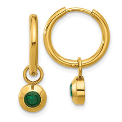 SRE1673 Chisel Stainless Steel Polished Yellow IP-plated with Removeable Green CZ Dangle Hinged Hoop Earrings