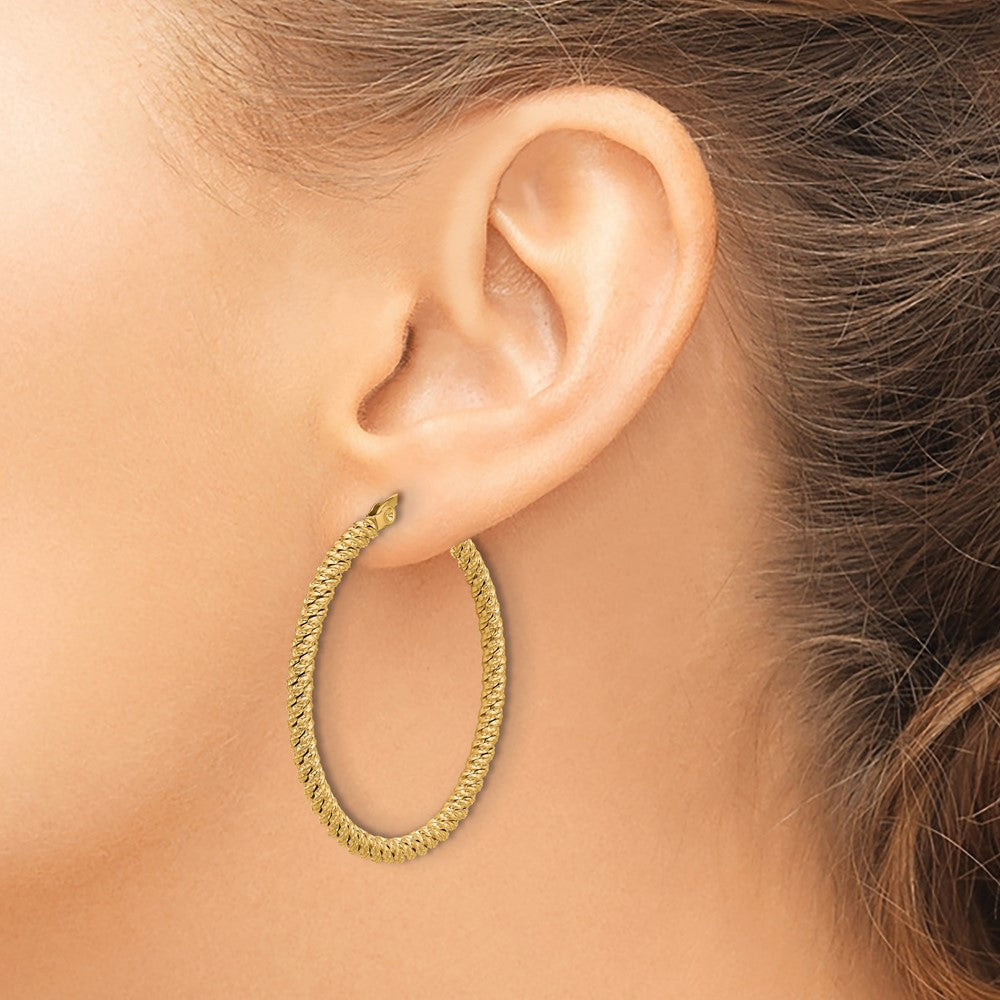 SRE1678 Chisel Stainless Steel Polished Yellow IP-plated Diamond Cut Hoop Earrings