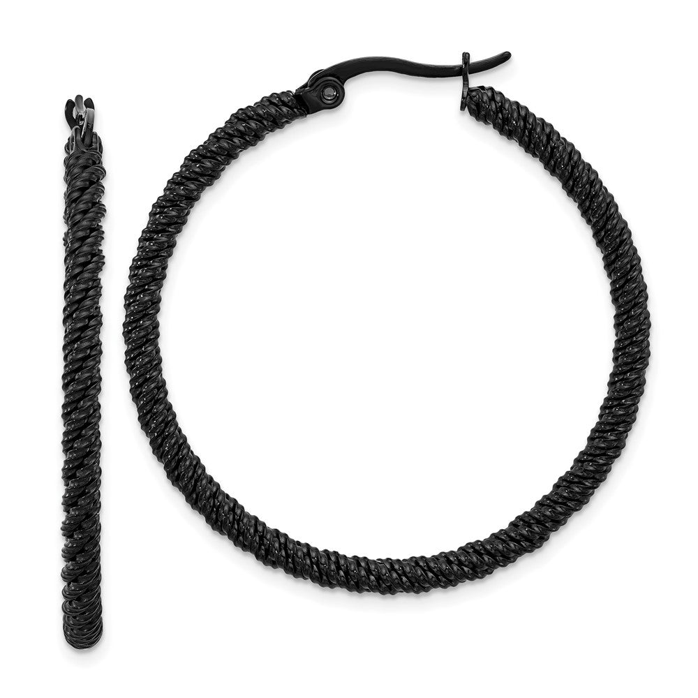 SRE1680 Chisel Stainless Steel Polished Black IP-plated Diamond Cut Hoop Earrings