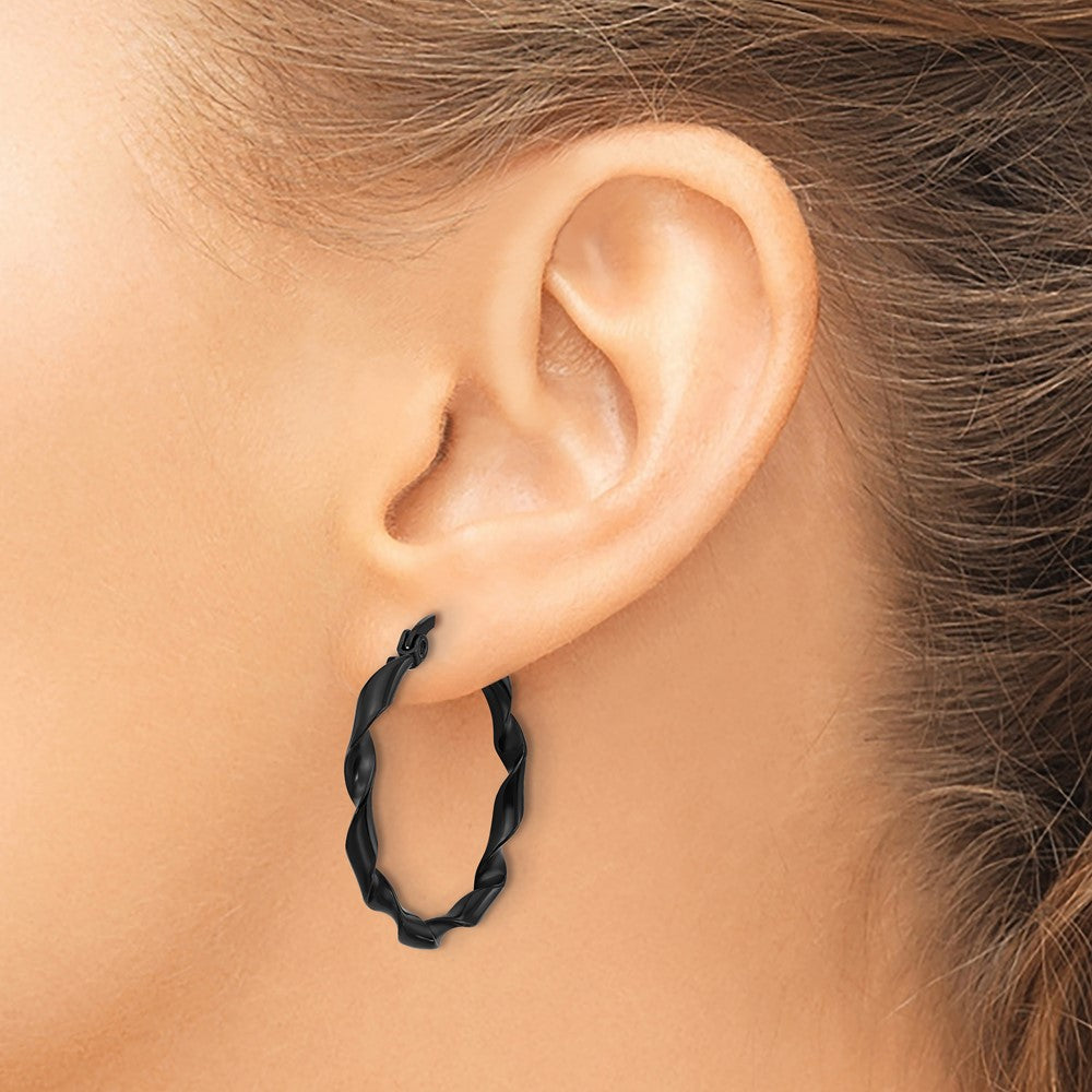 SRE1688 Chisel Stainless Steel Polished Black IP-plated Twisted Hoop Earrings